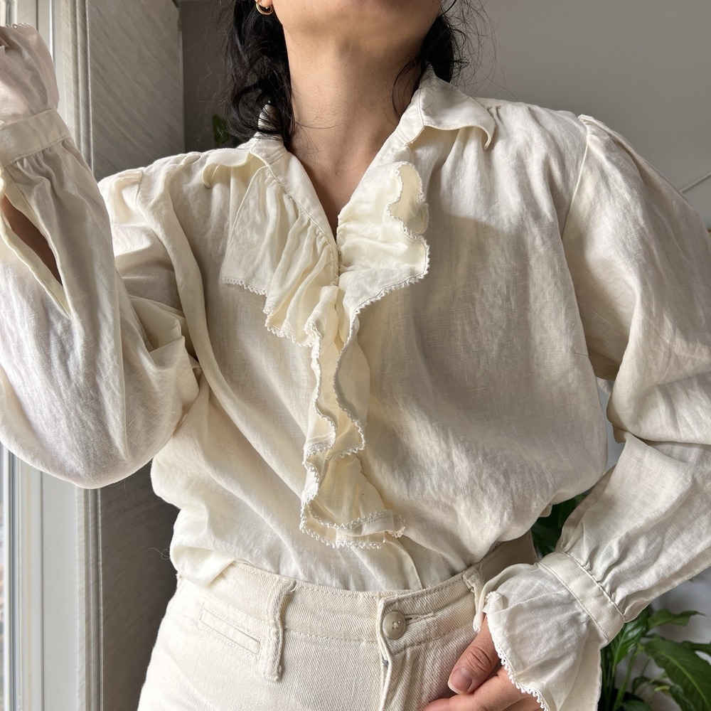 Lauren Ralph Lauren Linen Ruffle Blouse Cream Petite Large Pearl Buttons